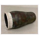 Signed Studio Art Pottery Raku Vase White Crackle Rim 9.5in Used