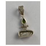 925 Sterling Silver Green Stone & Pearl Drop Pendant 3.66g Used