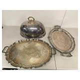 Vintage Silverplate Serving Trays & Dome Cover 3 Pc Mixed Set Tarnished