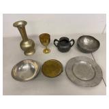Vintage Mixed Metal Decor Set Brass Pewter Vase Bowls Plate 7 Pc
