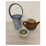 Studio Pottery Teapot Mug and Handled Vase 3-Piece Blue Brown