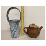 Studio Pottery Teapot Mug and Handled Vase 3-Piece Blue Brown
