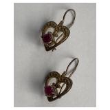 Sterling 925 Heart Dangle Earrings Pink Red Stone Gold Tone 2.87g