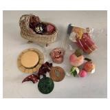 Vintage Christmas Ornament Assortment Fruit Glass Doll Wicker Cradle