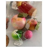 Vintage Christmas Ornament Assortment Fruit Glass Doll Wicker Cradle