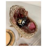 Vintage Christmas Ornament Assortment Fruit Glass Doll Wicker Cradle