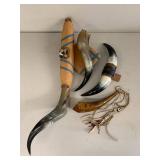 Vintage Decorative Cow Horn Wall Mount & Powder Horn Lot, As Is