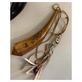 Vintage Decorative Cow Horn Wall Mount & Powder Horn Lot, As Is