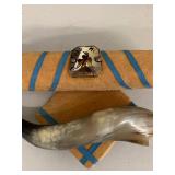 Vintage Decorative Cow Horn Wall Mount & Powder Horn Lot, As Is