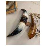 Vintage Decorative Cow Horn Wall Mount & Powder Horn Lot, As Is