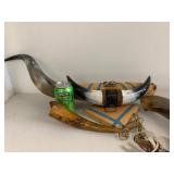 Vintage Decorative Cow Horn Wall Mount & Powder Horn Lot, As Is