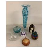 Assorted 7 Pc Art Glass Decor Lot Vase Bud Vases Wood Egg Iridescent