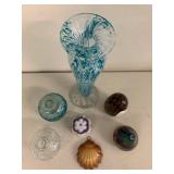 Assorted 7 Pc Art Glass Decor Lot Vase Bud Vases Wood Egg Iridescent