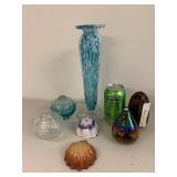 Assorted 7 Pc Art Glass Decor Lot Vase Bud Vases Wood Egg Iridescent