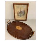 Vintage Framed Hamburg Cremonifleet Signed Etching Print & Inlaid Wood Tray