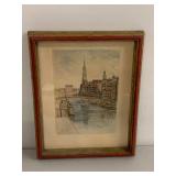 Vintage Framed Hamburg Cremonifleet Signed Etching Print & Inlaid Wood Tray