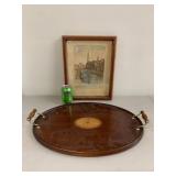 Vintage Framed Hamburg Cremonifleet Signed Etching Print & Inlaid Wood Tray