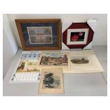 Mixed Art Print Lot w/ Audubon Quadrupeds, Framed Floral & Folk Art
