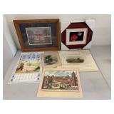 Mixed Art Print Lot w/ Audubon Quadrupeds, Framed Floral & Folk Art