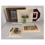 Mixed Art Print Lot w/ Audubon Quadrupeds, Framed Floral & Folk Art