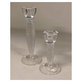 Kosta Boda Art Glass Candlesticks Clear Ribbed Stem Pair Sweden