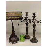 Colour Creations Banker Lamp & 2 Three-Light Candelabras Decor Lot