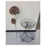 Rusty Metal Flower Ball Sculpture on Stem - 2-Tier Wire Plant Stand