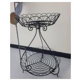Rusty Metal Flower Ball Sculpture on Stem - 2-Tier Wire Plant Stand