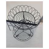 Rusty Metal Flower Ball Sculpture on Stem - 2-Tier Wire Plant Stand
