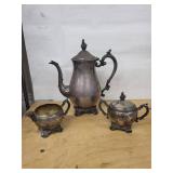 Coffeepot Set - Antique Silver Plate with Sugar Bowl & Creamer, Ornate Handles