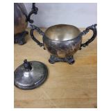 Coffeepot Set - Antique Silver Plate with Sugar Bowl & Creamer, Ornate Handles