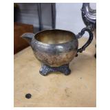Coffeepot Set - Antique Silver Plate with Sugar Bowl & Creamer, Ornate Handles