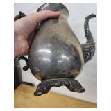 Coffeepot Set - Antique Silver Plate with Sugar Bowl & Creamer, Ornate Handles