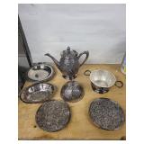 Meriden B. Co. Silver Plate Floral Teapot Set w/Lidded Sugar & Creamer - 1963