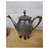 Meriden B. Co. Silver Plate Floral Teapot Set w/Lidded Sugar & Creamer - 1963