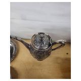 Meriden B. Co. Silver Plate Floral Teapot Set w/Lidded Sugar & Creamer - 1963