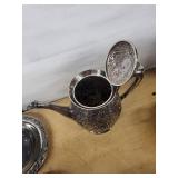 Meriden B. Co. Silver Plate Floral Teapot Set w/Lidded Sugar & Creamer - 1963