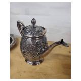 Meriden B. Co. Silver Plate Floral Teapot Set w/Lidded Sugar & Creamer - 1963