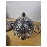 Meriden B. Co. Silver Plate Floral Teapot Set w/Lidded Sugar & Creamer - 1963