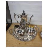 Silverplate Tea & Coffee Service on Ornate Tray - Teapot, Sugar, Creamer