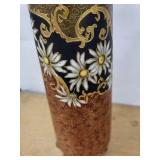 EA France Daisy Motif Vase with Gold Scrollwork - Black & Brown Ground, 14-15 in Tall