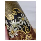 EA France Daisy Motif Vase with Gold Scrollwork - Black & Brown Ground, 14-15 in Tall