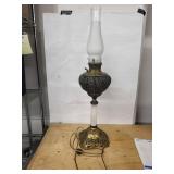 Brass Table Lamp with Milk Glass Column - Ornate Filigree Base & Frosted Shade
