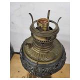 Brass Table Lamp with Milk Glass Column - Ornate Filigree Base & Frosted Shade