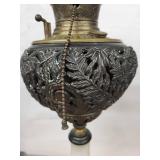 Brass Table Lamp with Milk Glass Column - Ornate Filigree Base & Frosted Shade