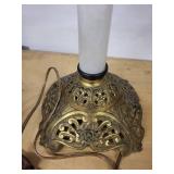 Brass Table Lamp with Milk Glass Column - Ornate Filigree Base & Frosted Shade