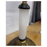 Brass Table Lamp with Milk Glass Column - Ornate Filigree Base & Frosted Shade