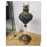 Brass Table Lamp with Milk Glass Column - Ornate Filigree Base & Frosted Shade