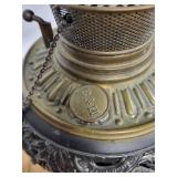 Brass Table Lamp with Milk Glass Column - Ornate Filigree Base & Frosted Shade