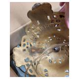 Brass Table Lamp with Milk Glass Column - Ornate Filigree Base & Frosted Shade